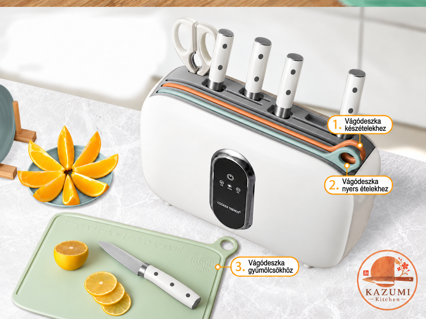 KAZUMI Kitchen – komplett kés- és vágódeszka rendszer intelligens tárolással